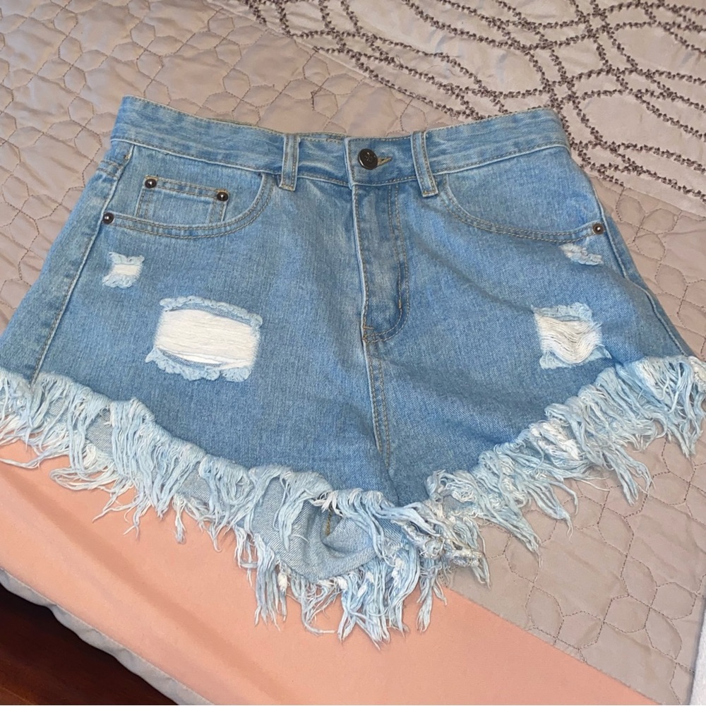 Buddy Love Light Wash Distressed Fringe High Rise Denim Shorts